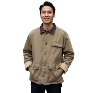 Vintage Woodlake Khaki Size L Leather Trim Collar Barn Coat